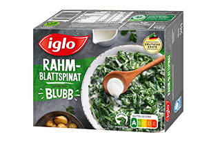 iglo Packshot Rahm-Blattspinat auf hellblauem Hintergrund