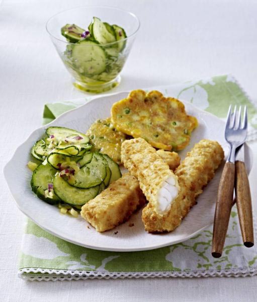 Erbsen Maispuffer mit Fischsticks