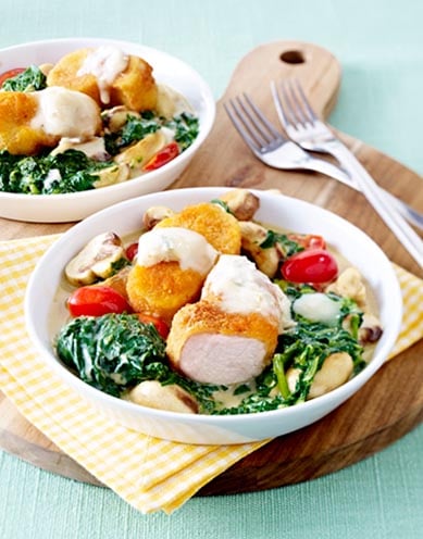 Gold Nuggets mit Pilzen und Spinat