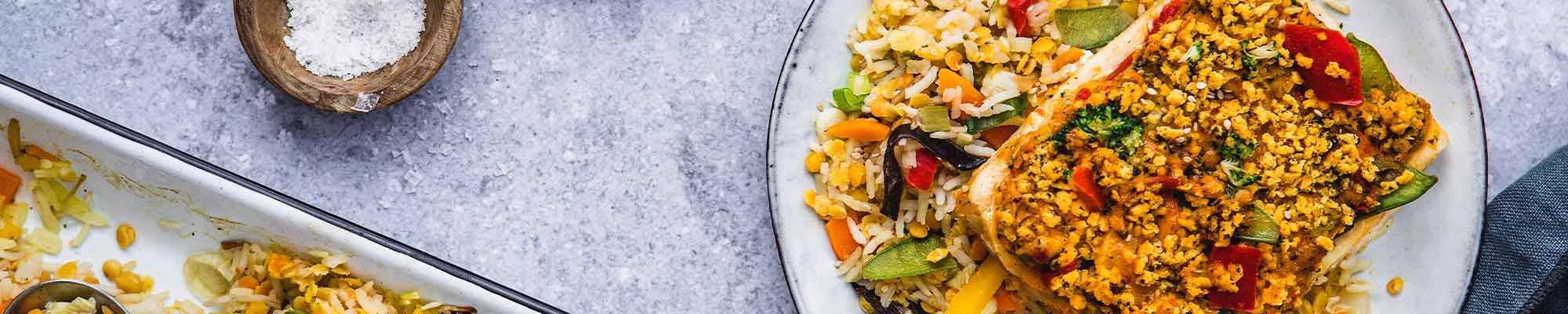 Asia-Gemüse-Reis vom Blech mit Schlemmer-Filet Rotes Curry