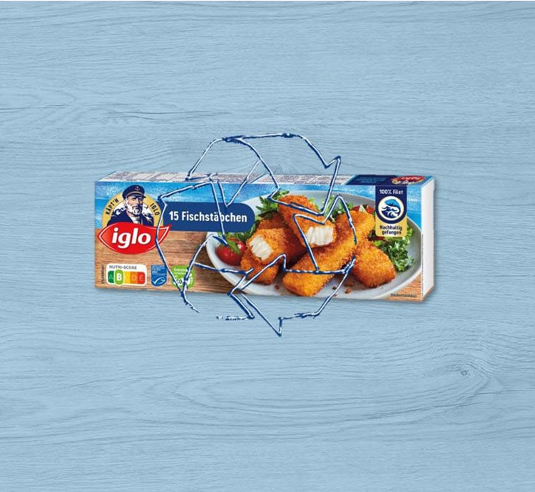 Packshot Fischstäbchen mit Recycling-Symbol
